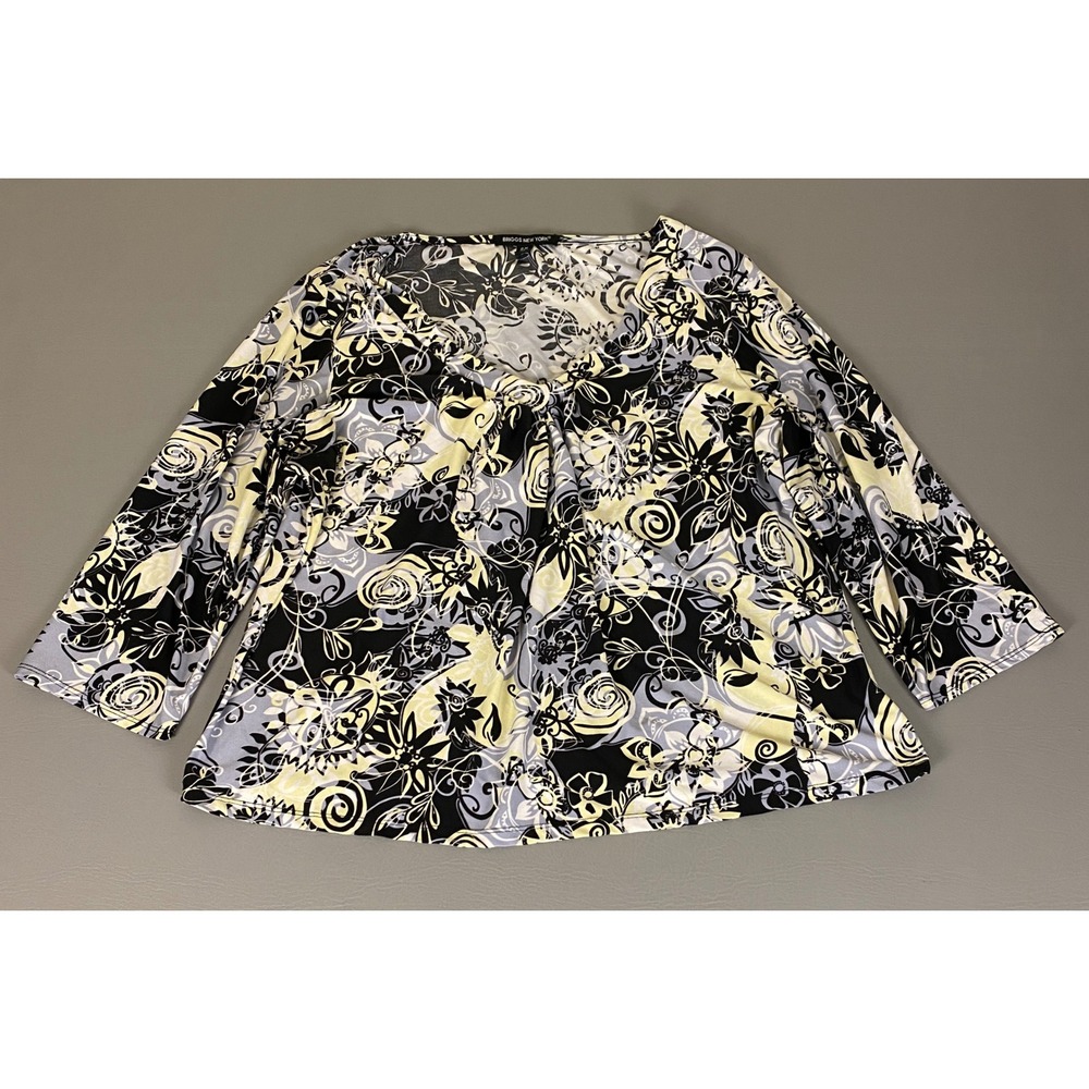 Briggs‎ New York Blouse Top Women's 2X Floral Black Yellow Print 3/4 Sleeve